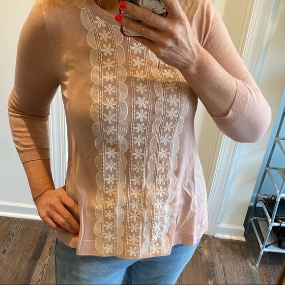 J. Crew Merino Wool pink floral embroidery white floral - Picture 3 of 10